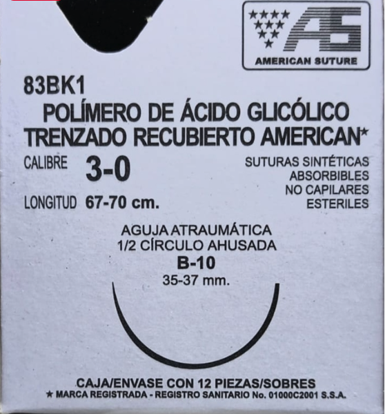 Suturas. Sintéticas absorbibles polímero de ácido glicólico trenzado con aguja. Longitud de la hebra: 67-70 cm Calibre de la sutura: 1 Características de la aguja: 1/2 círculo ahusada (35-37 mm)Envase con 12 piezas.